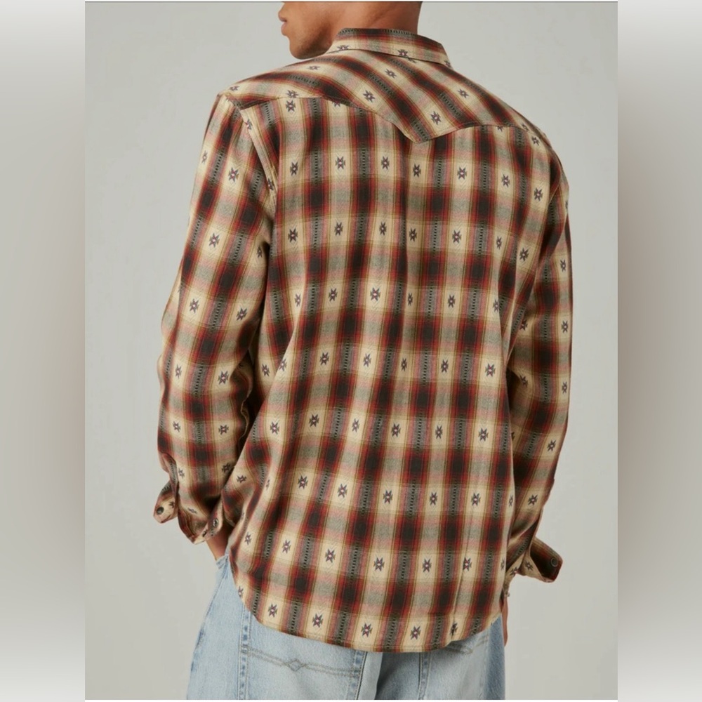 Lucky Brand men’s Plaid Dobby Western Long Sleeve Shirt, brown tan size medium M - Picture 5 of 7
